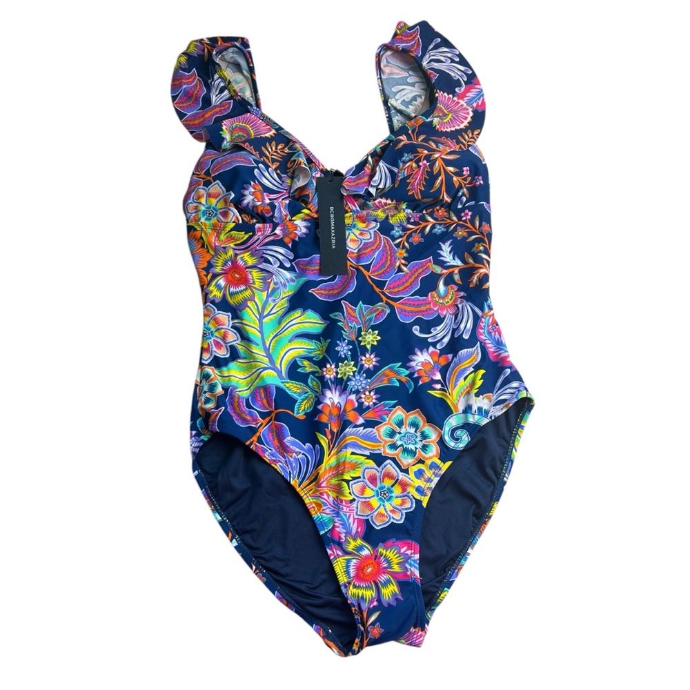 BCBG Maxazria NWT Large Floral Color Midnight One Piece SwimSuit